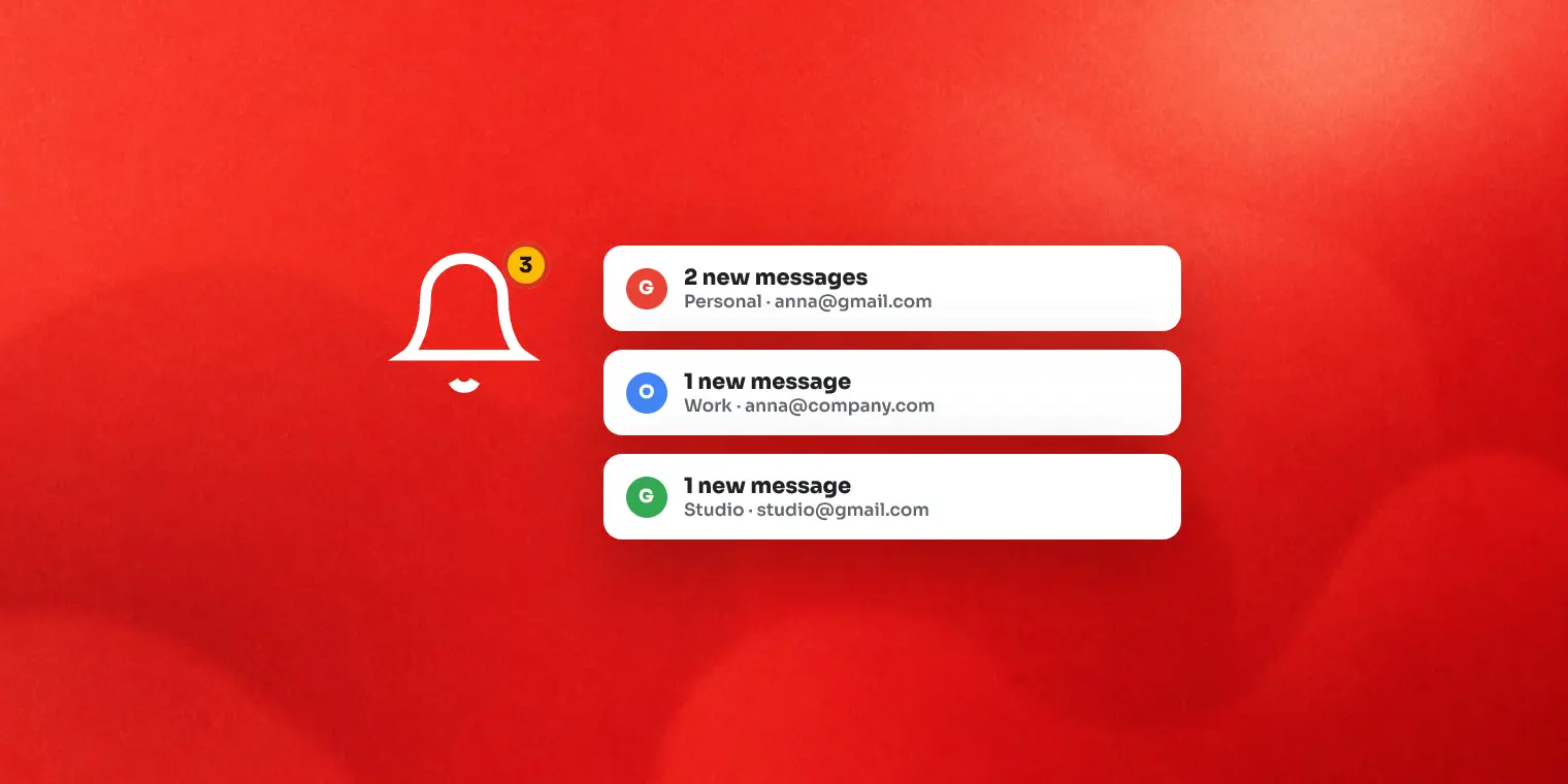 Illustration: a notification bell with an unread badge, next to three desktop toast notifications each labeled with a different email account